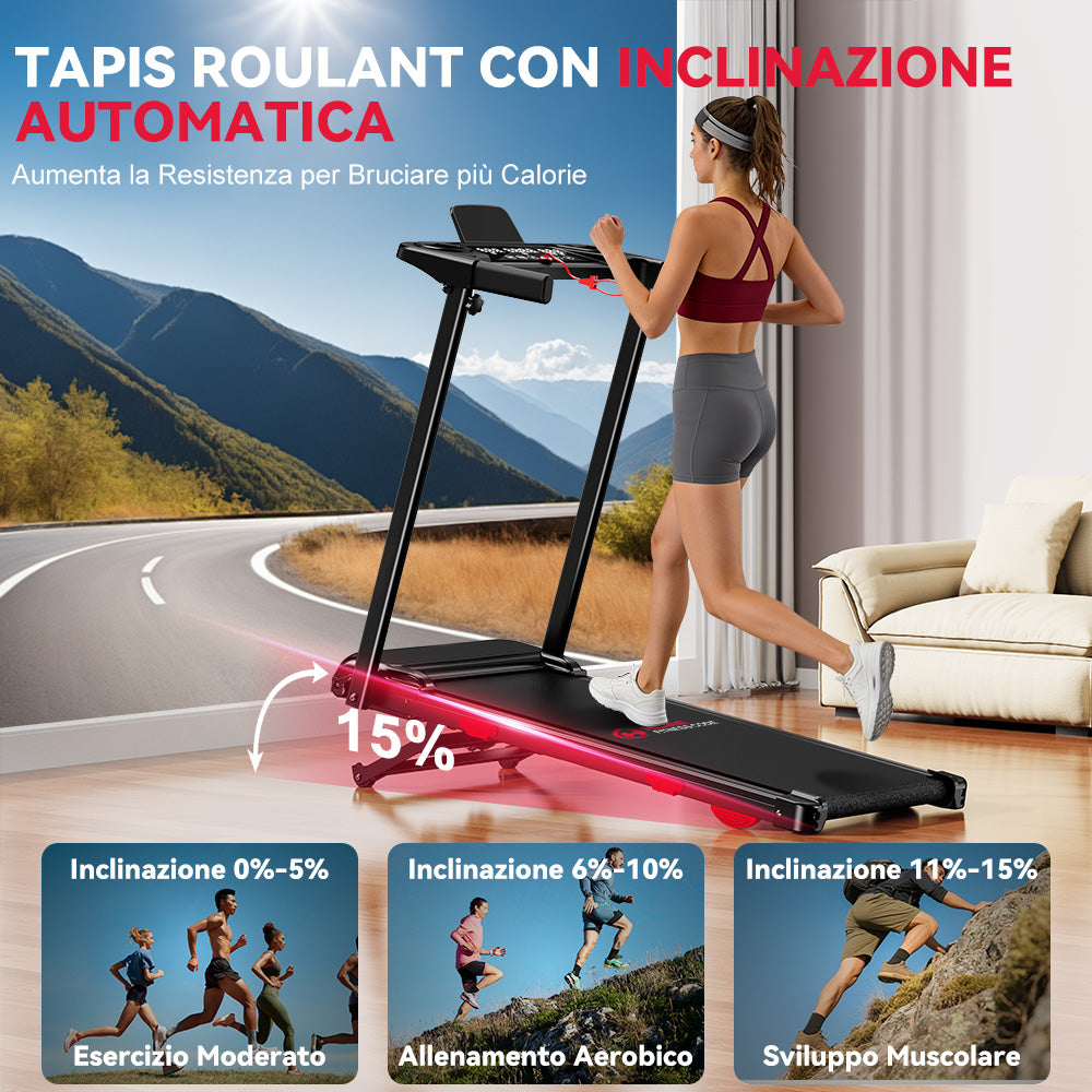 Tapis Roulant Pieghevole Q5 con Inclinazione, Motore Brushless, Velocità 1-12KM/H